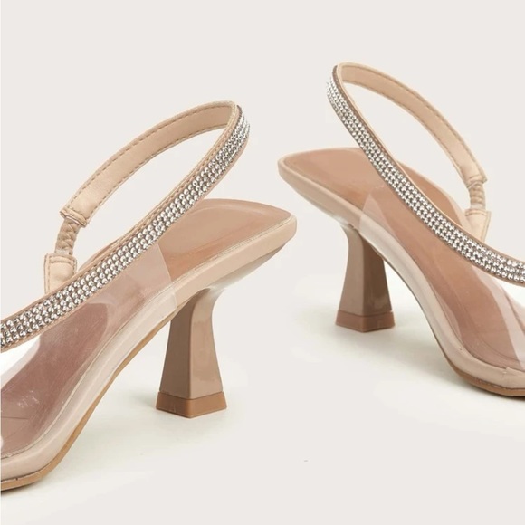 Pearl & Rhinestone Bow Decor Clear Point Toe Heeled Pumps PVC Slingback Pumps - Picture 4 of 5